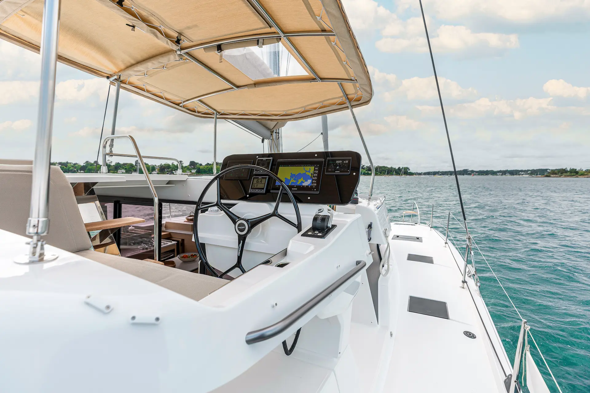Electric Fountaine Pajot FP41 helm station during quiet electric navigation