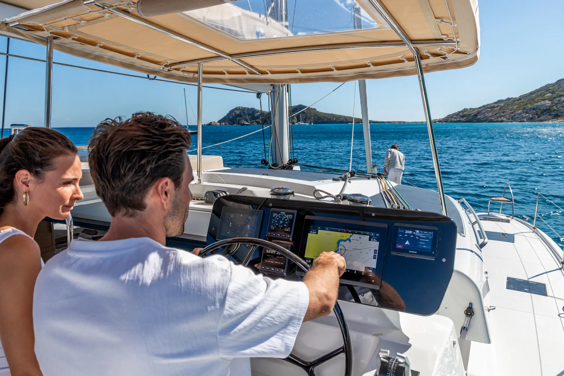 Electric Fountaine Pajot FP44 helm station, smooth electric-assisted navigation and intuitive onboard control