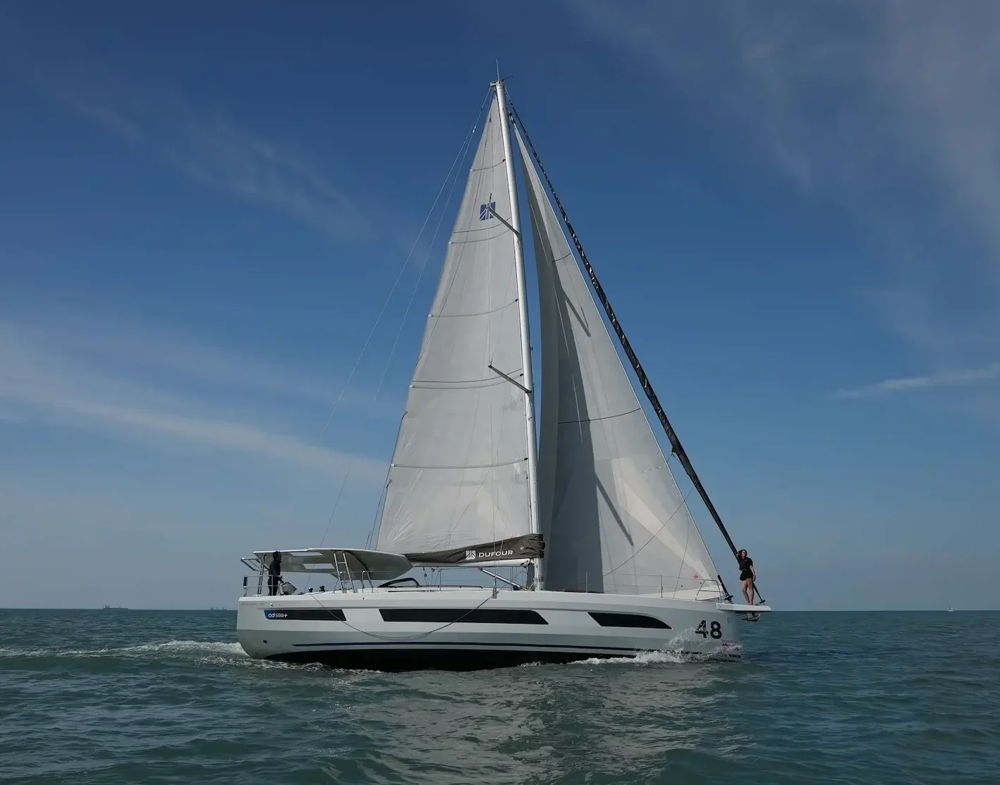 Hybrid Dufour 48 sailing yacht at sea showcasing advanced onboard energy management system and optimized sailing performance