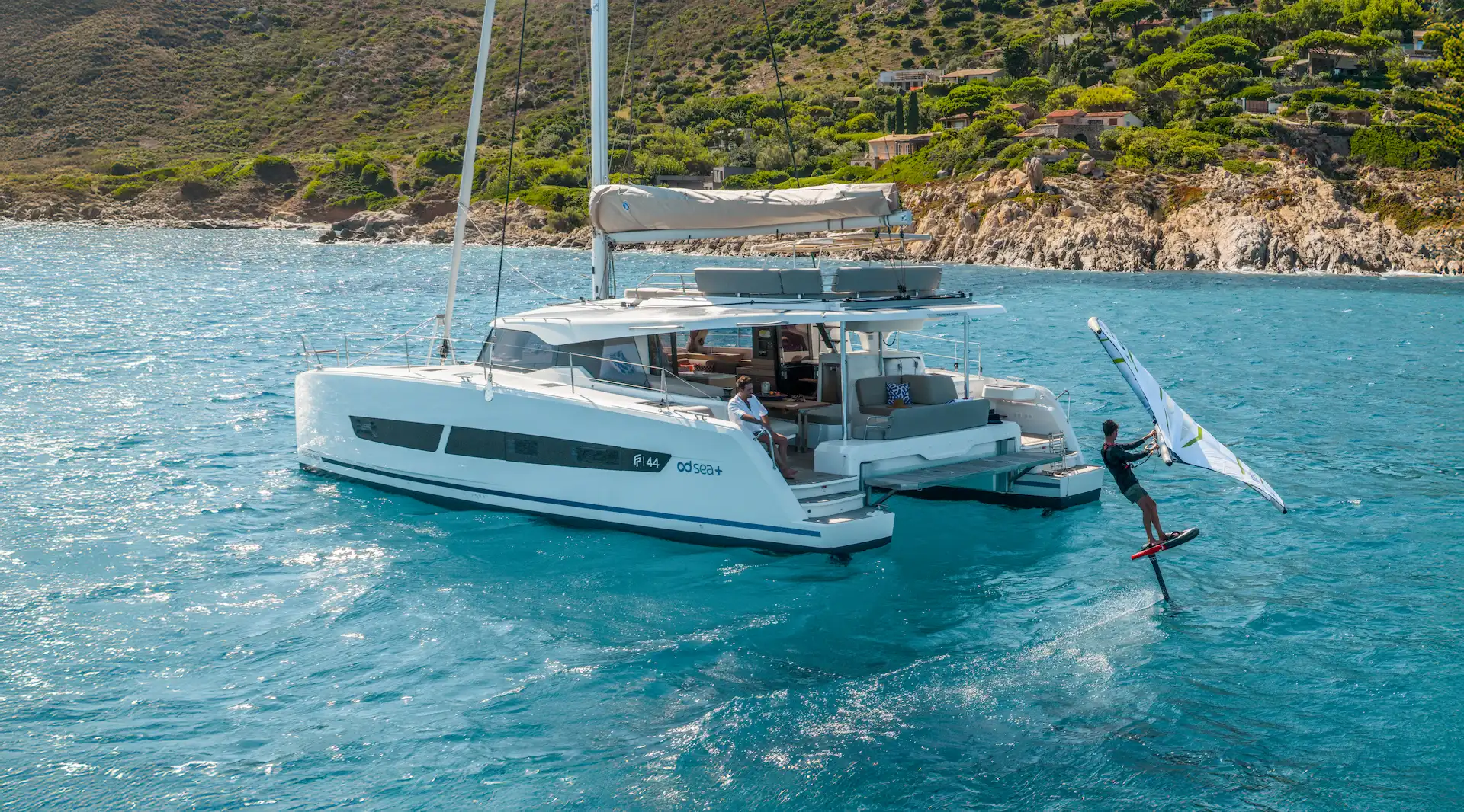 Electric Fountaine Pajot FP44 at anchor with silent energy system supporting life on board without generator