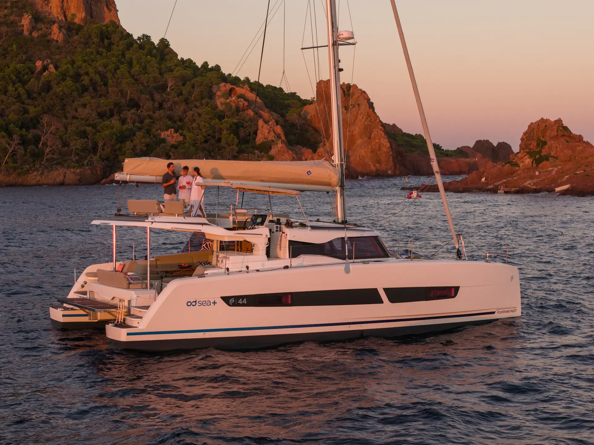Electric Fountaine Pajot FP44 at anchor at sunset showing silent anchorage and energy-efficient cruising
